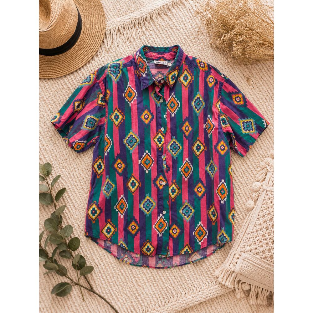 Vintage 90s Neon Pattern Button Up Shirt Men's Small Aztec Southwestern